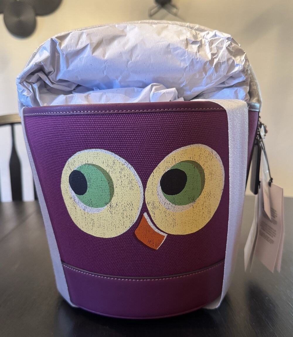 NWT Coach Trick Or Treat Bucket With Halloween Owl In Regenerative Cotton Plum
